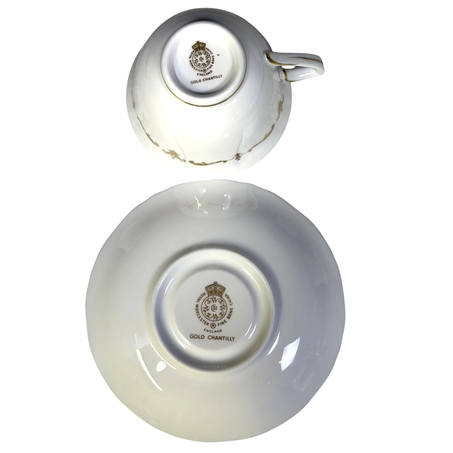 Royal Worcester Retired Gold Chantilly Bone China Footed Cups & Saucers-Set of 5 - Thumbnail 4