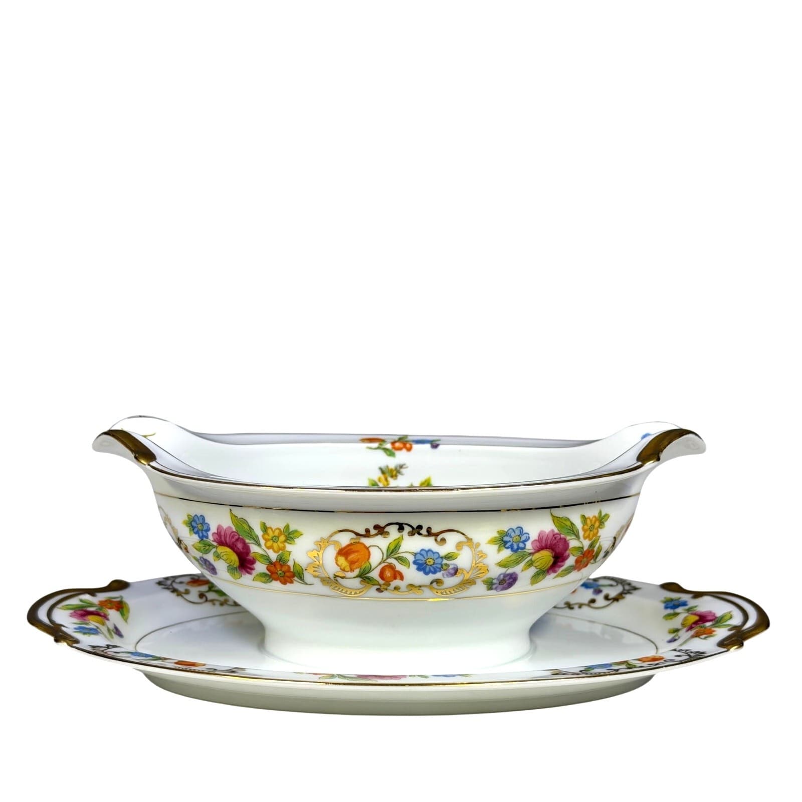 Noritake Retired 'Dresdena' 1931-1940 Backstamp Gravy Boat with Underplate-Rare - Thumbnail 6
