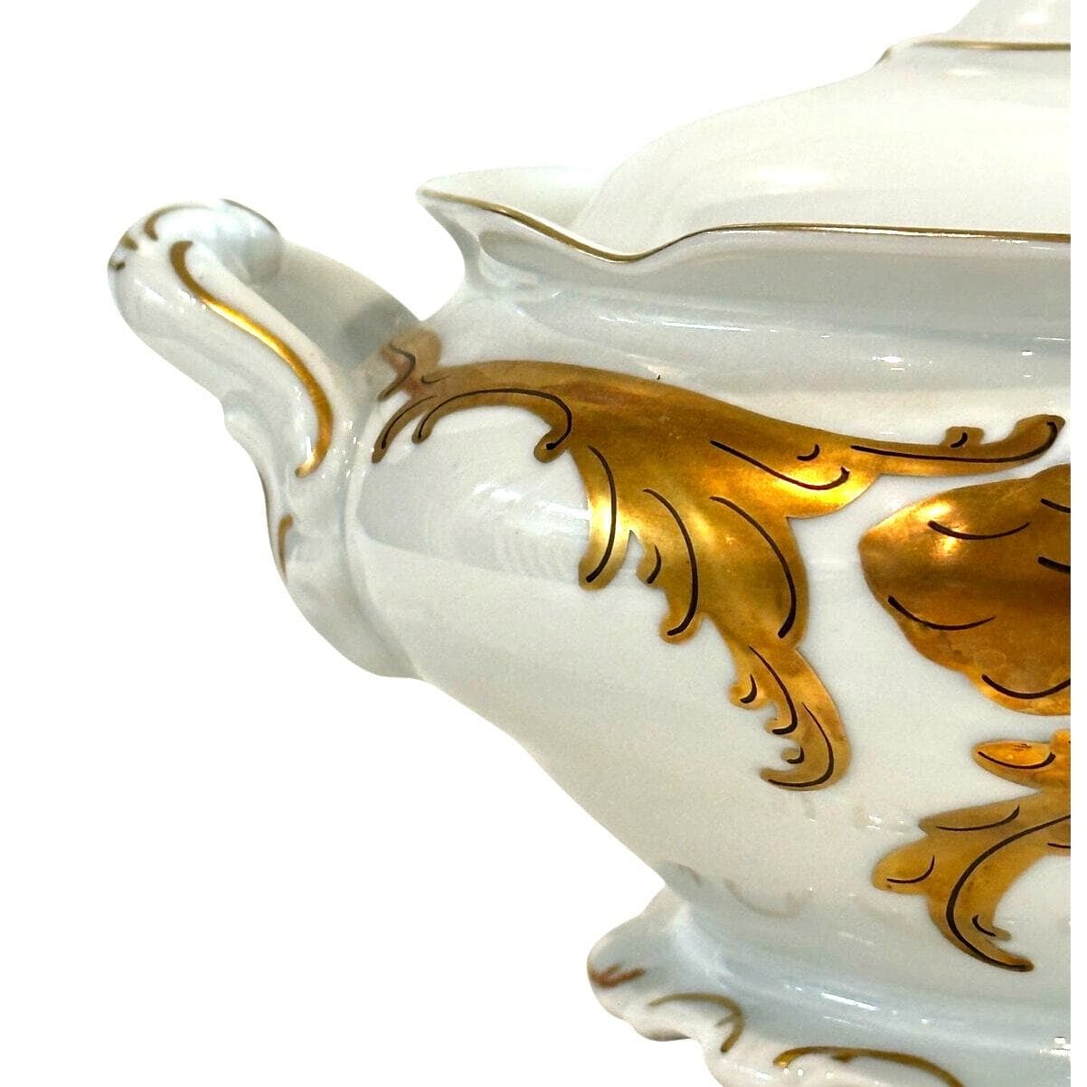 Walbrzych Poland Serving Dish w/Lid White Heavy Gold Scrolls-Rare-Excellent ! - Thumbnail 2