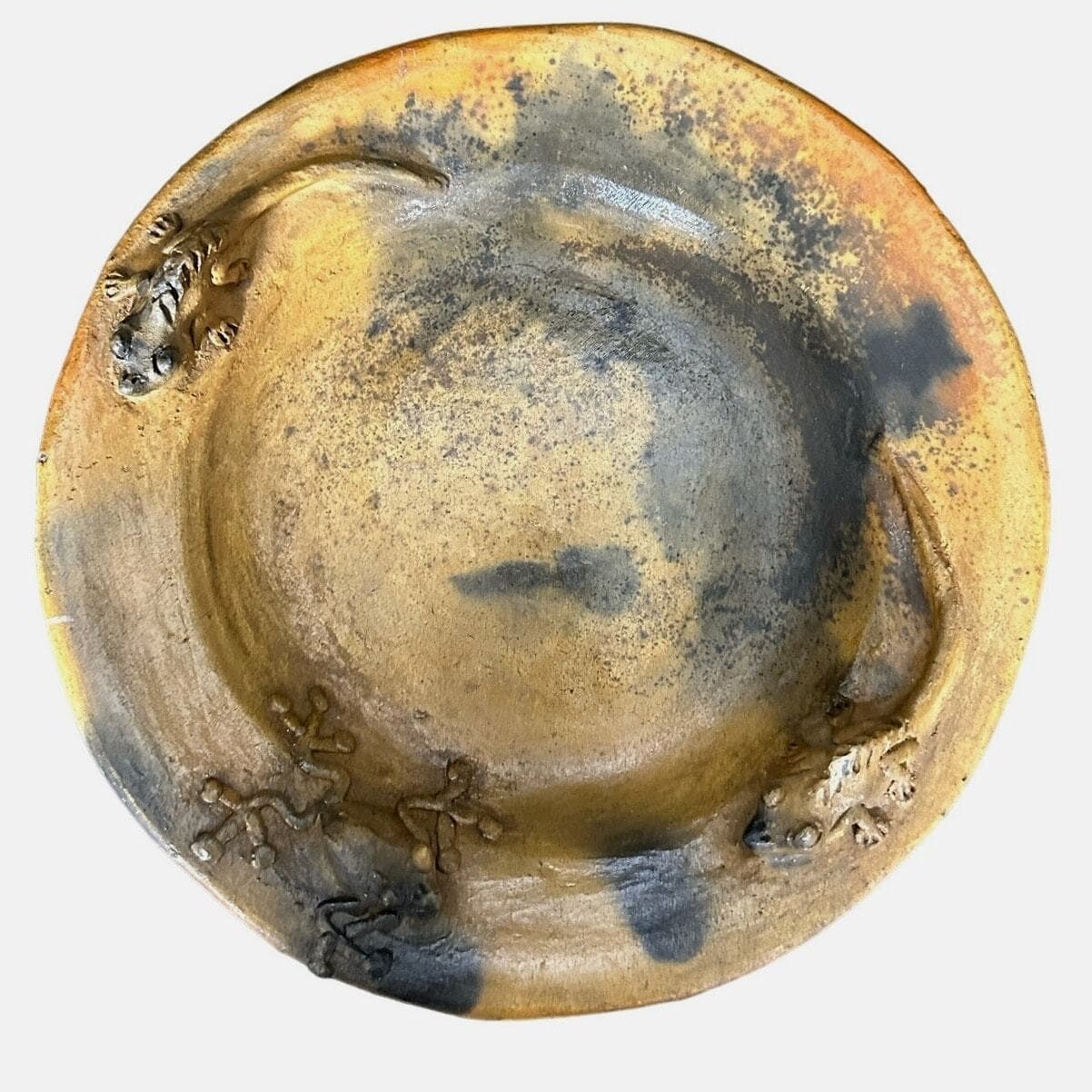 Handmade Art Pottery Bowl Raised Relief Frog Iguana Belize 2007 Artist Signed 9" - Thumbnail 4