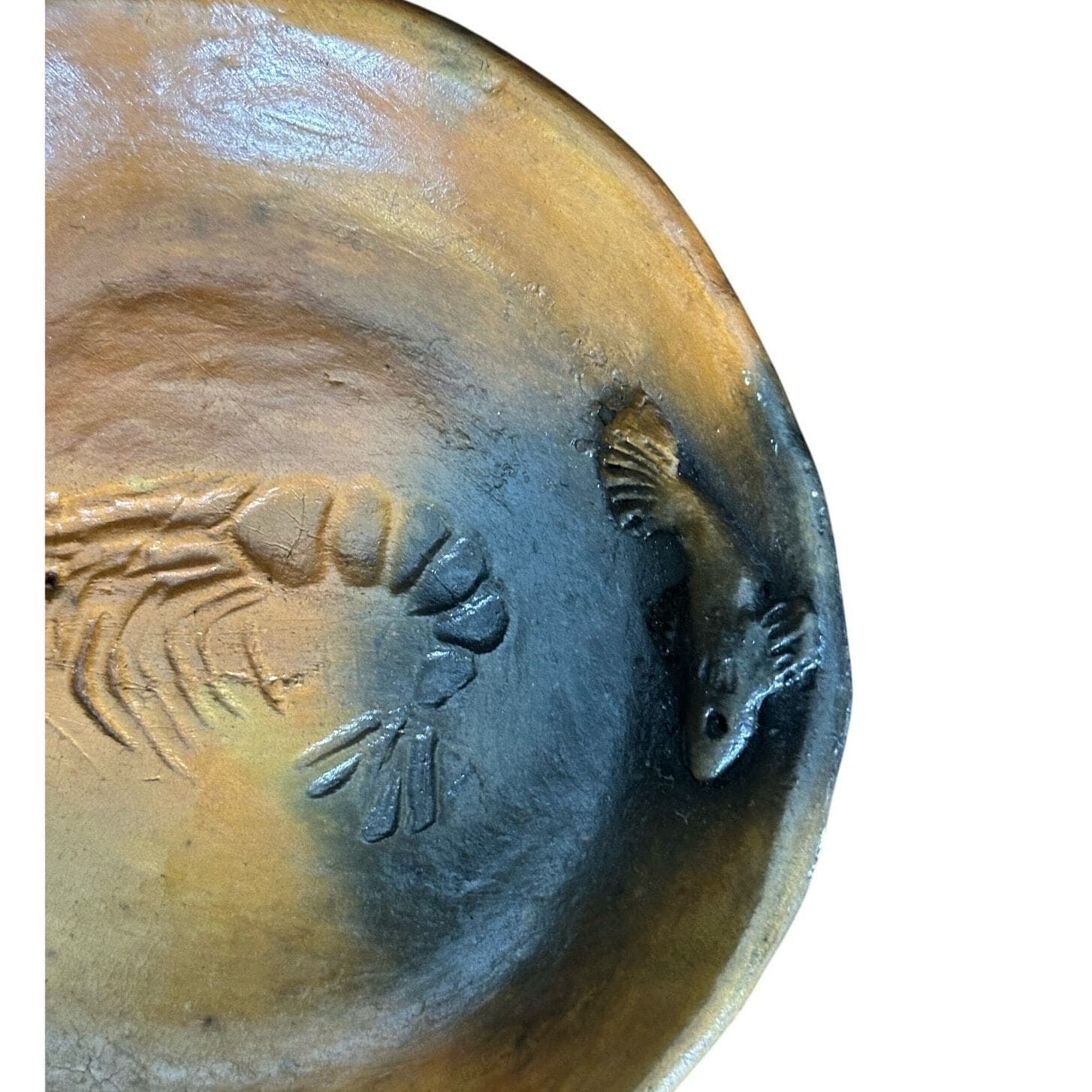Handmade Art Pottery Bowl Raised Relief Fish Shrimp Belize 2007 Artist Signed 8" - Thumbnail 7