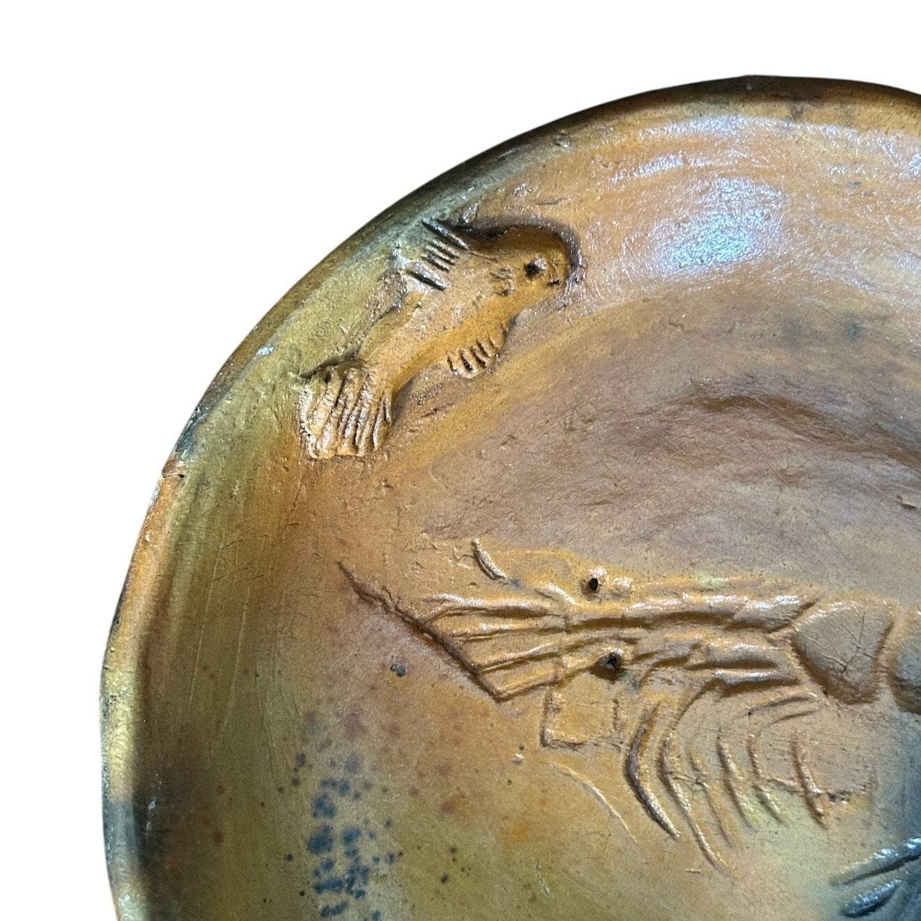 Handmade Art Pottery Bowl Raised Relief Fish Shrimp Belize 2007 Artist Signed 8" - Thumbnail 5
