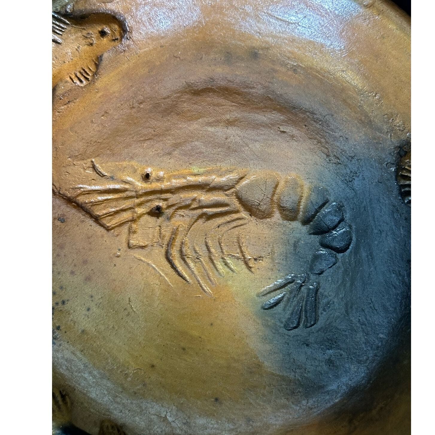 Handmade Art Pottery Bowl Raised Relief Fish Shrimp Belize 2007 Artist Signed 8" - Thumbnail 6