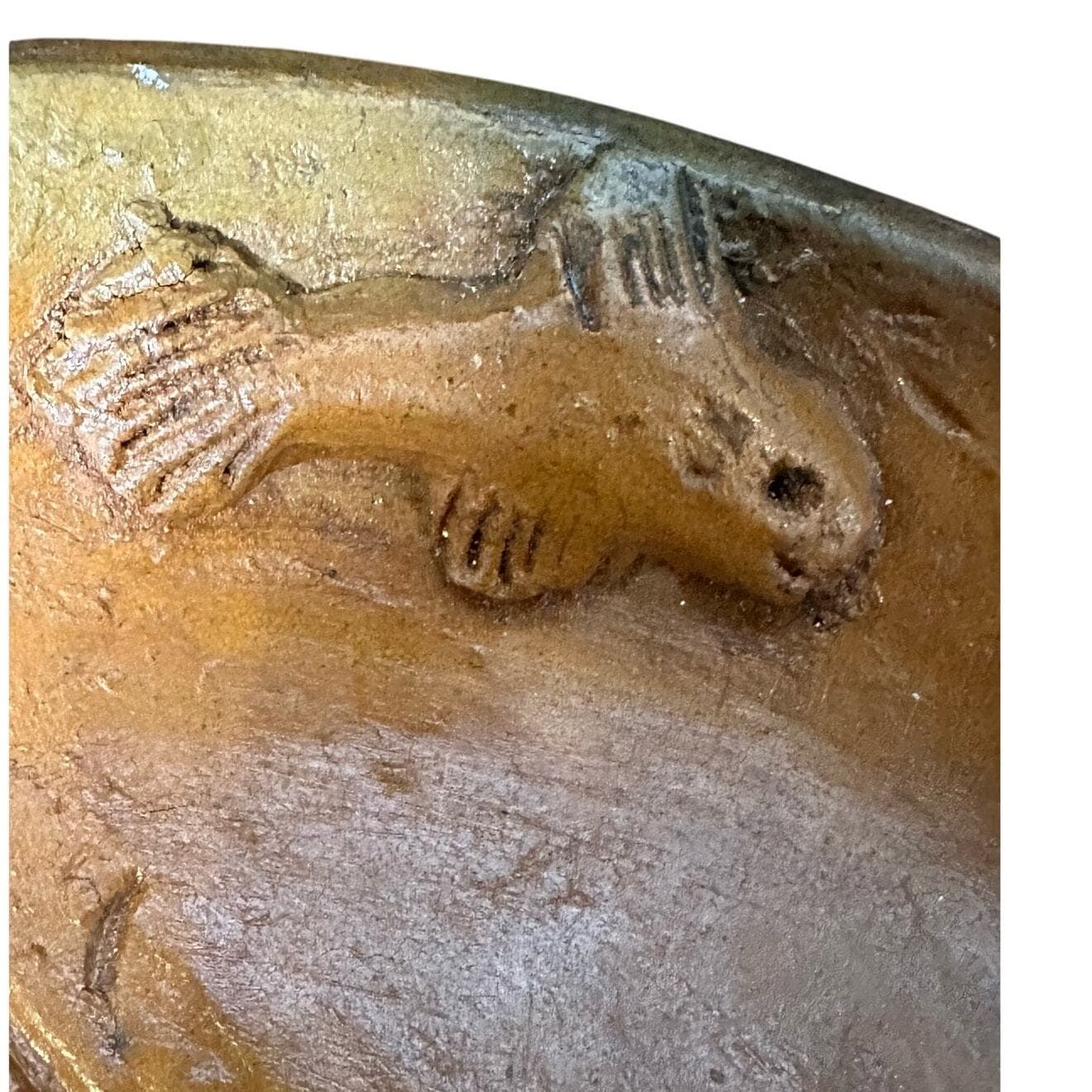 Handmade Art Pottery Bowl Raised Relief Fish Shrimp Belize 2007 Artist Signed 8" - Thumbnail 10