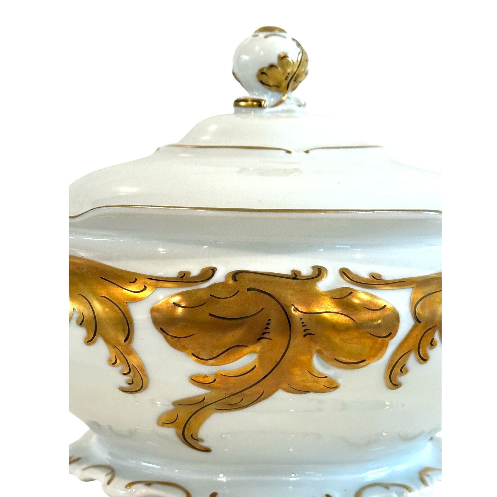 Walbrzych Poland Serving Dish w/Lid White Heavy Gold Scrolls-Rare-Excellent ! - Thumbnail 3
