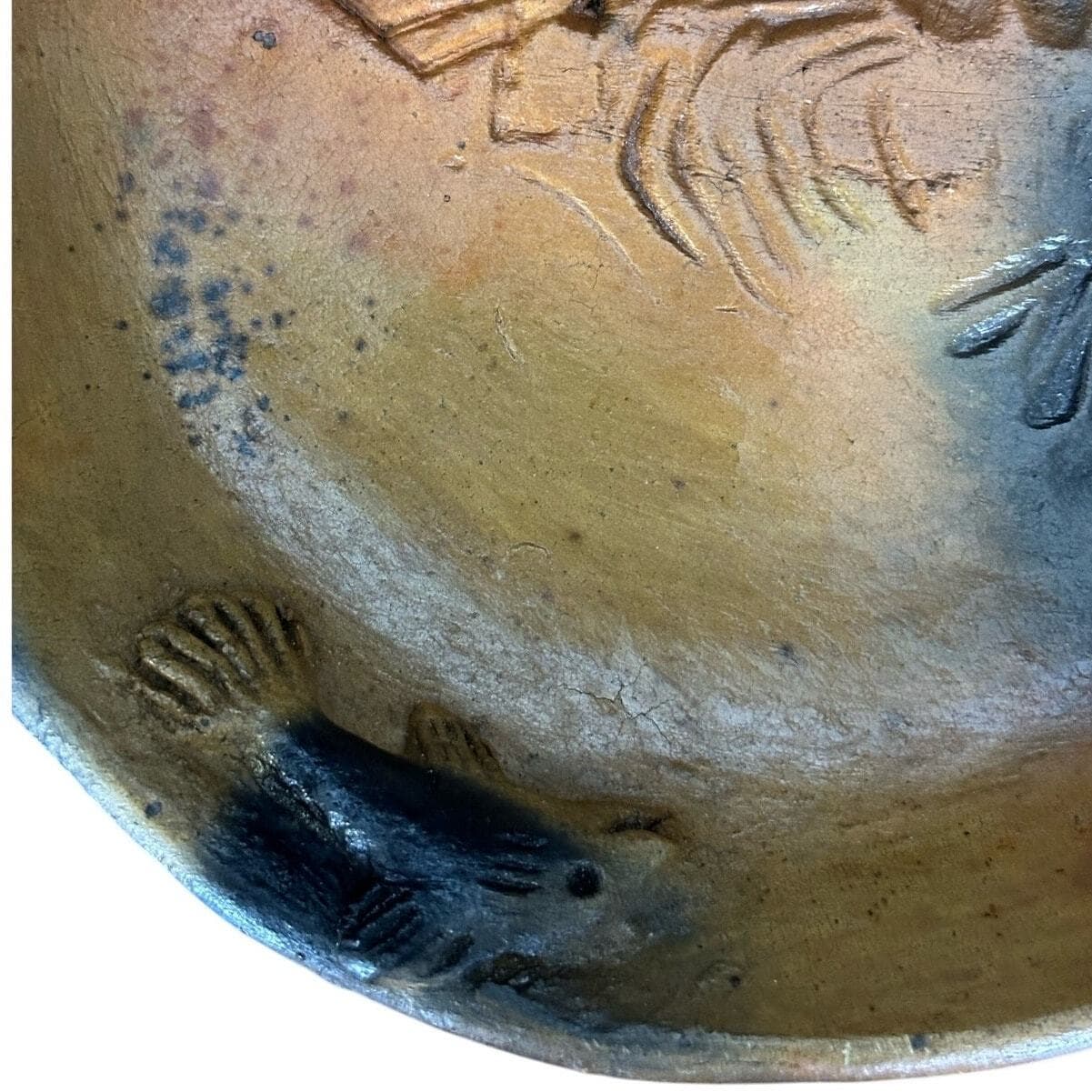 Handmade Art Pottery Bowl Raised Relief Fish Shrimp Belize 2007 Artist Signed 8" - Thumbnail 8