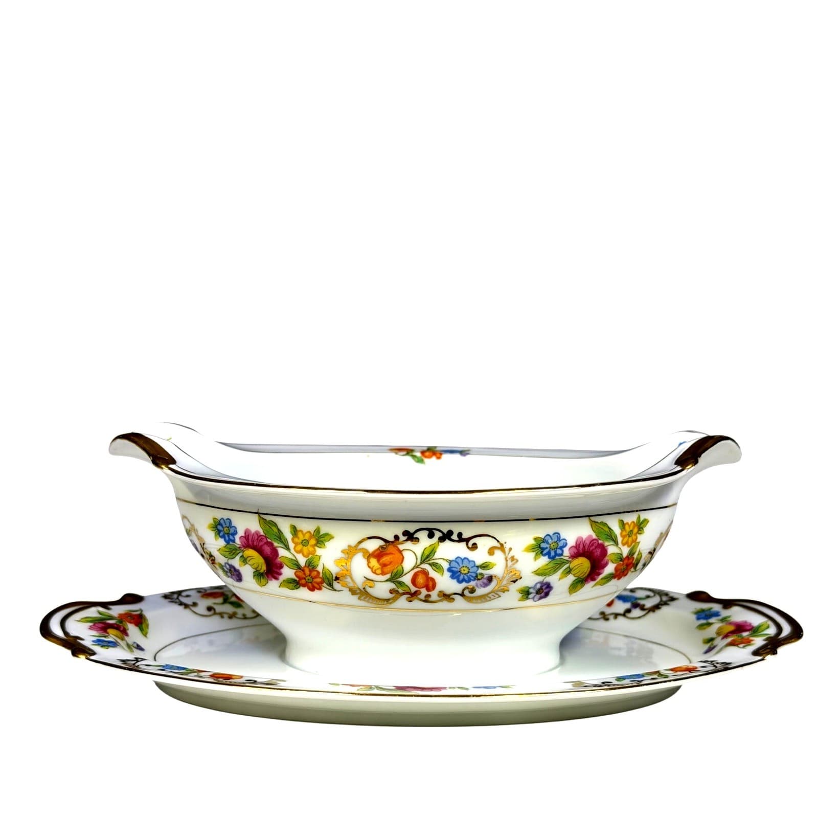 Noritake Retired 'Dresdena' 1931-1940 Backstamp Gravy Boat with Underplate-Rare - Thumbnail 5