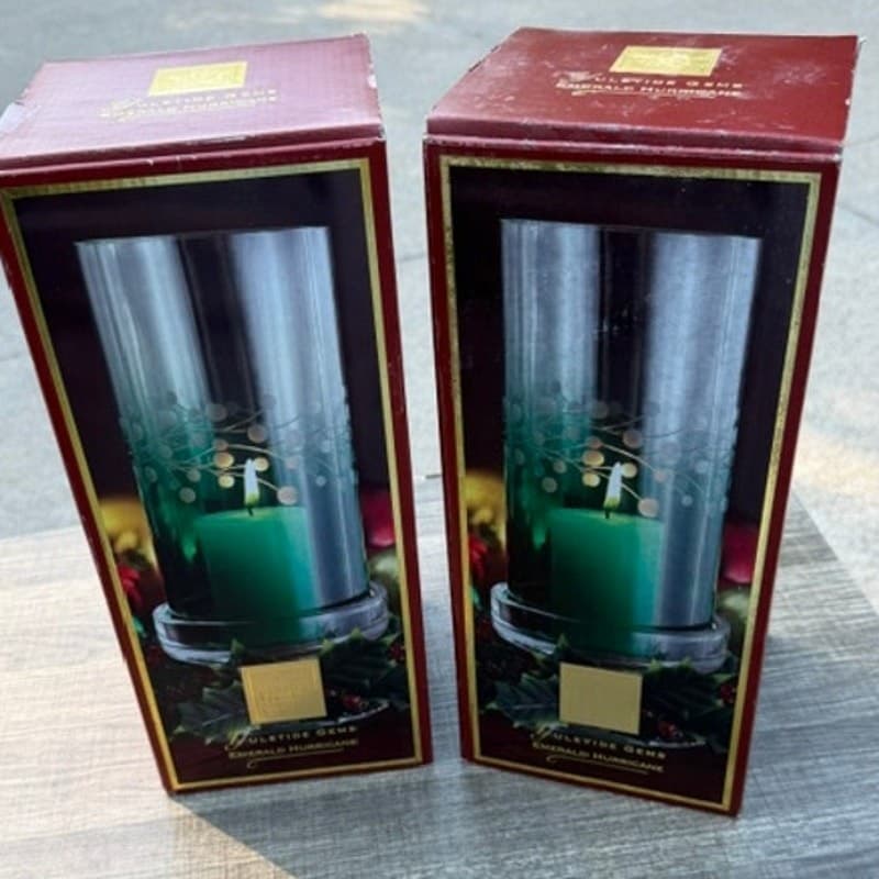 Lenox Yuletide Gems Emerald Ruby Hurricane Candleholders Holly Trim Pair w/Boxes - Thumbnail 7