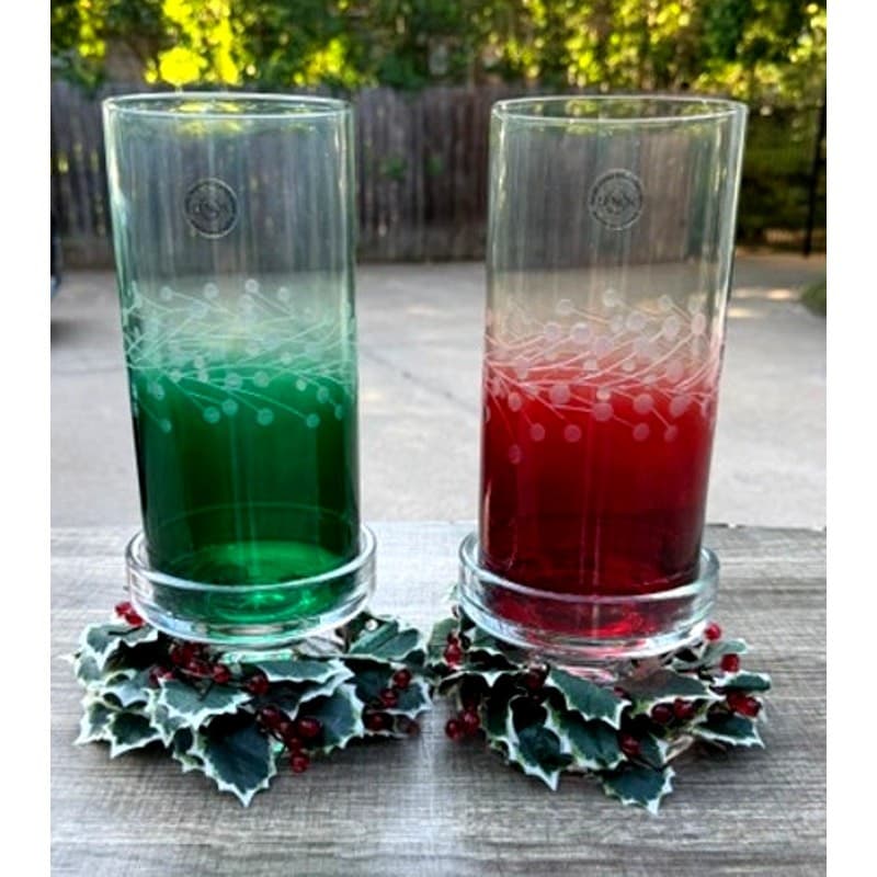 Lenox Yuletide Gems Emerald Ruby Hurricane Candleholders Holly Trim Pair w/Boxes