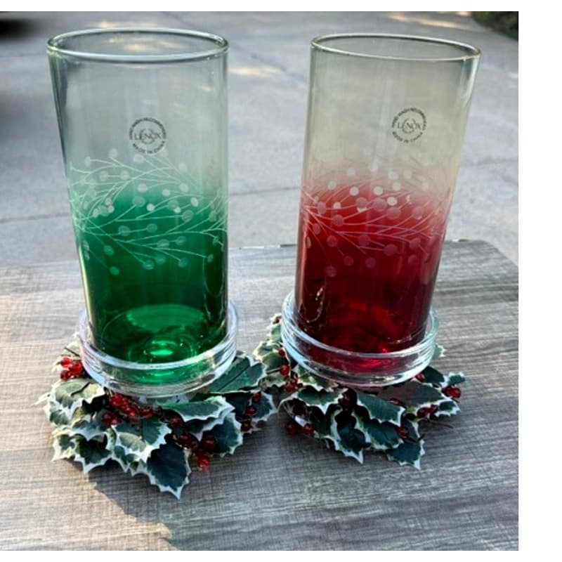 Lenox Yuletide Gems Emerald Ruby Hurricane Candleholders Holly Trim Pair w/Boxes - Thumbnail 6