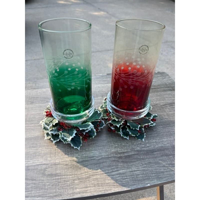 Lenox Yuletide Gems Emerald Ruby Hurricane Candleholders Holly Trim Pair w/Boxes - Thumbnail 8