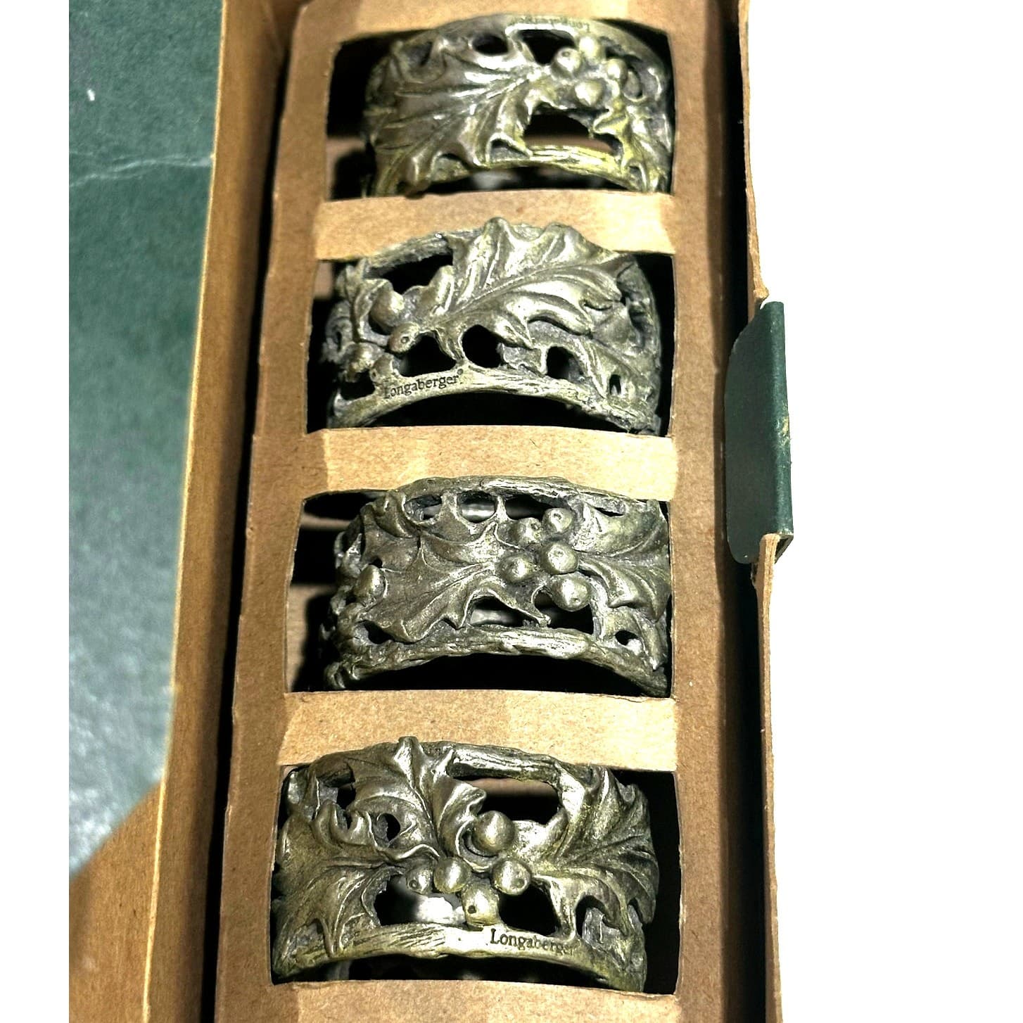 Longaberger American Holly Pewter Napkin Rings 2001 Original Box #75736-Set of 4 - Thumbnail 4