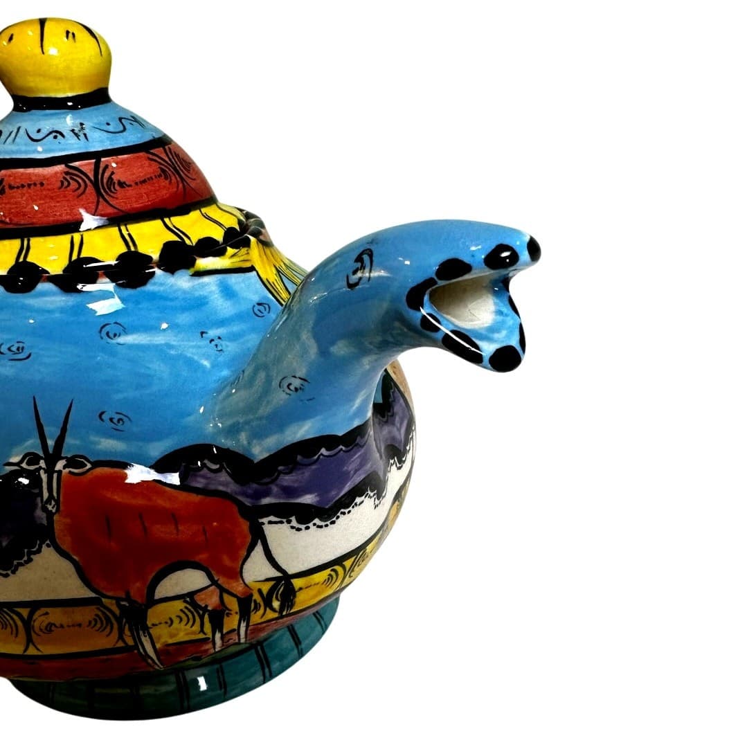 Penzo Zimbabwe Vintage Signed Hand Painted Elephants Giraffe Gemsbock Teapot - Thumbnail 3