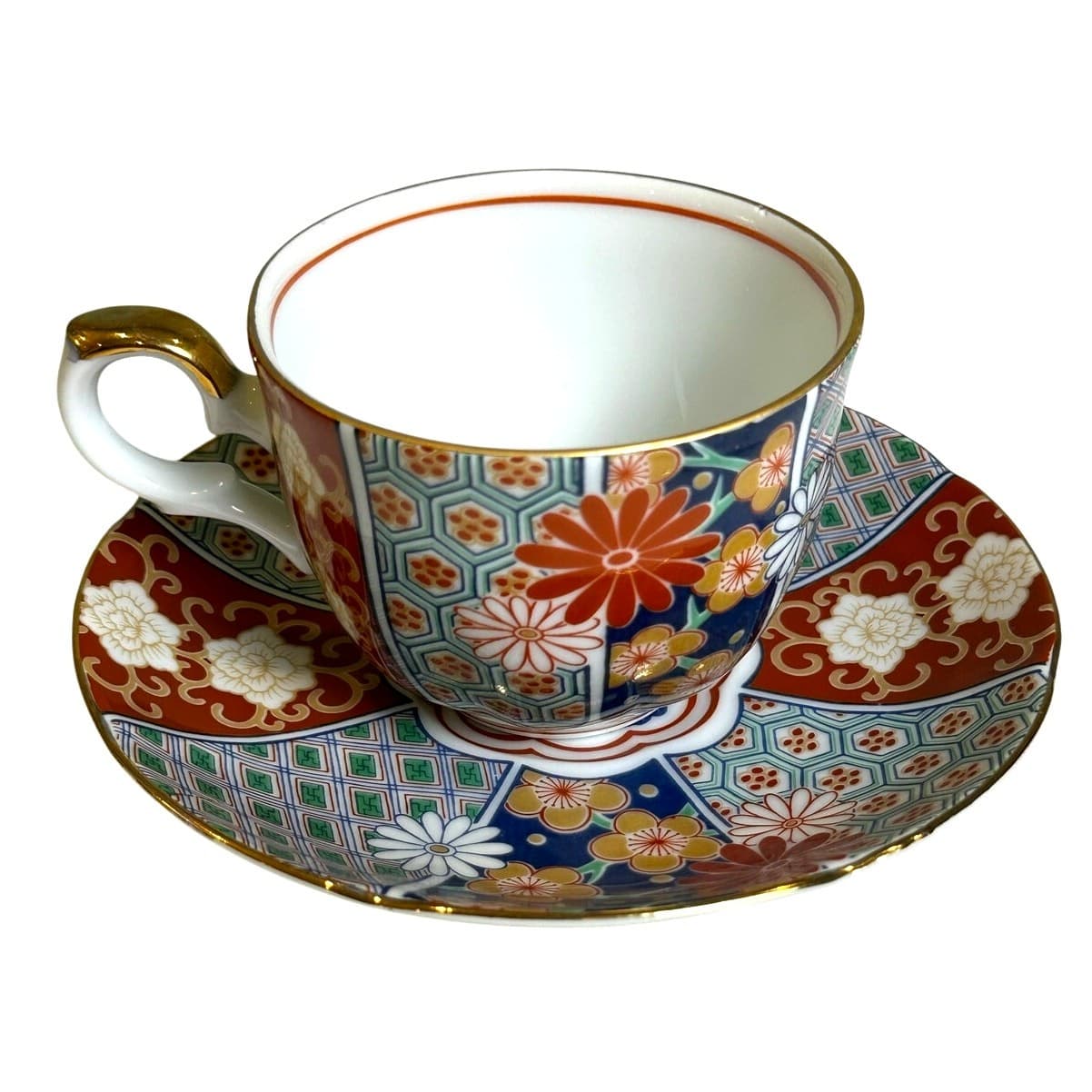 Arita Imari Fan Vintage Cup and Saucer Set Gilded Accents Urn Flowers Design - Thumbnail 3