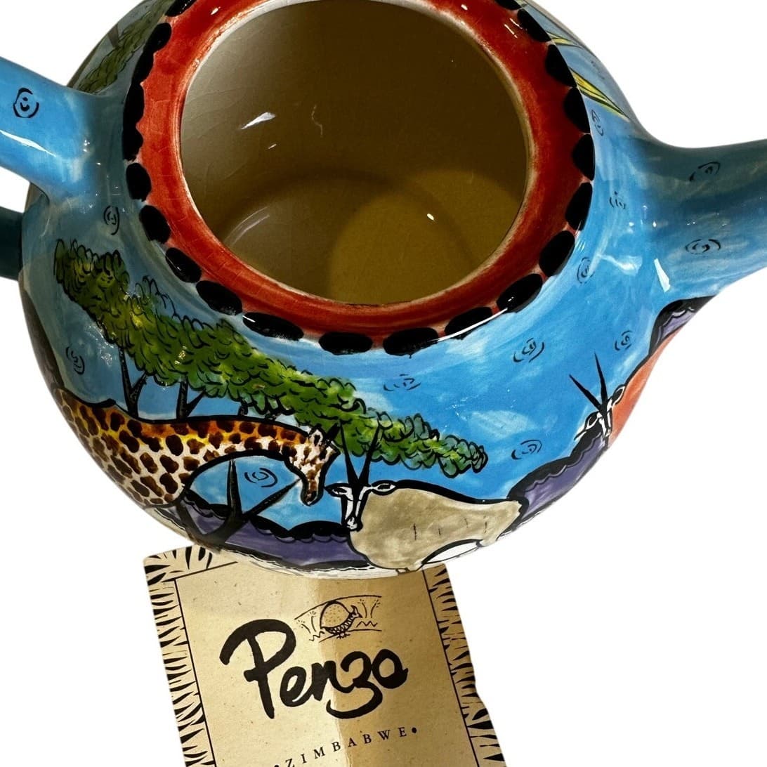 Penzo Zimbabwe Vintage Signed Hand Painted Elephants Giraffe Gemsbock Teapot - Thumbnail 9