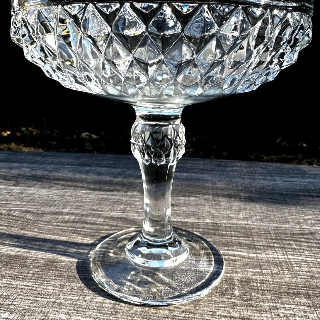 Indiana Glass Diamond Point Vintage Clear Pedestal Compote Candy Dish-Excellent - Thumbnail 2
