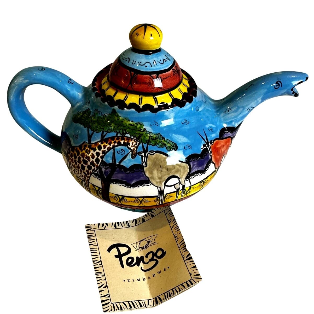 Penzo Zimbabwe Vintage Signed Hand Painted Elephants Giraffe Gemsbock Teapot - Thumbnail 2