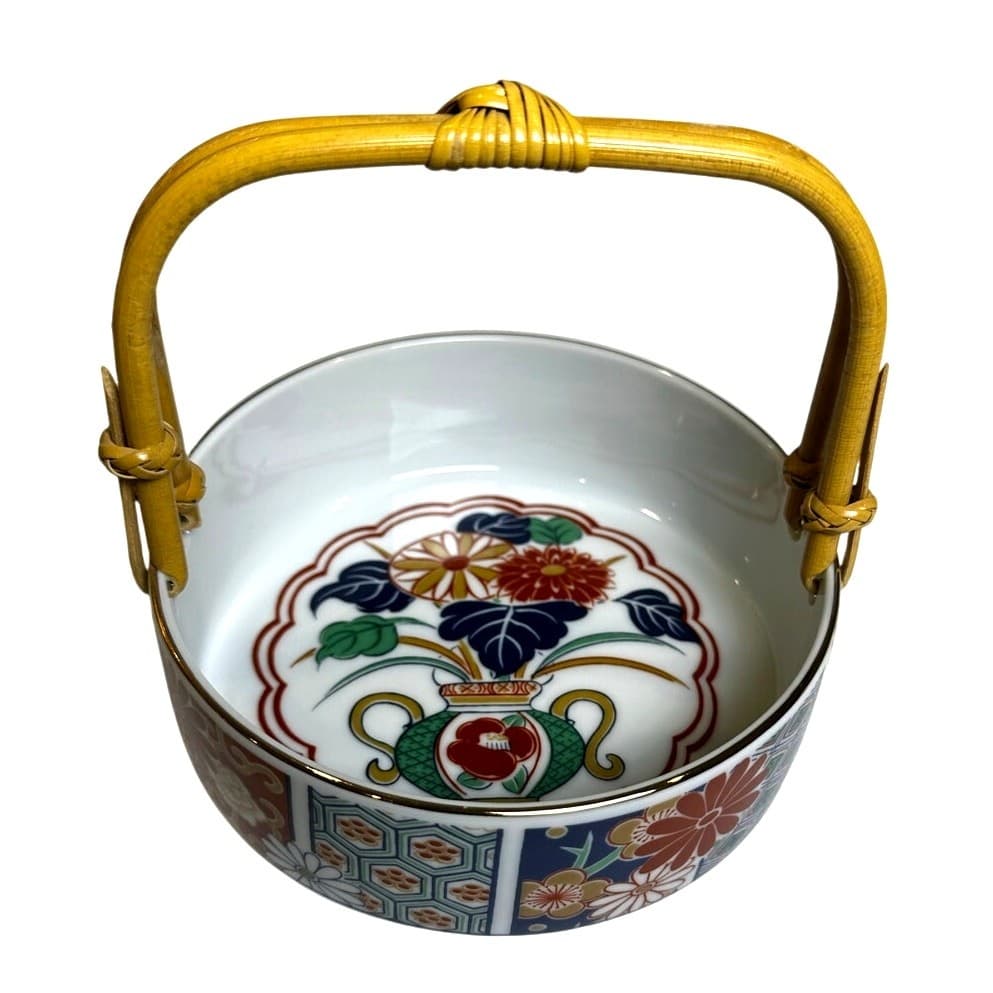 Arita Imari Fan Gilded Edge Candy Dish Japan Urn Flowers Design Bamboo Handle - Thumbnail 3