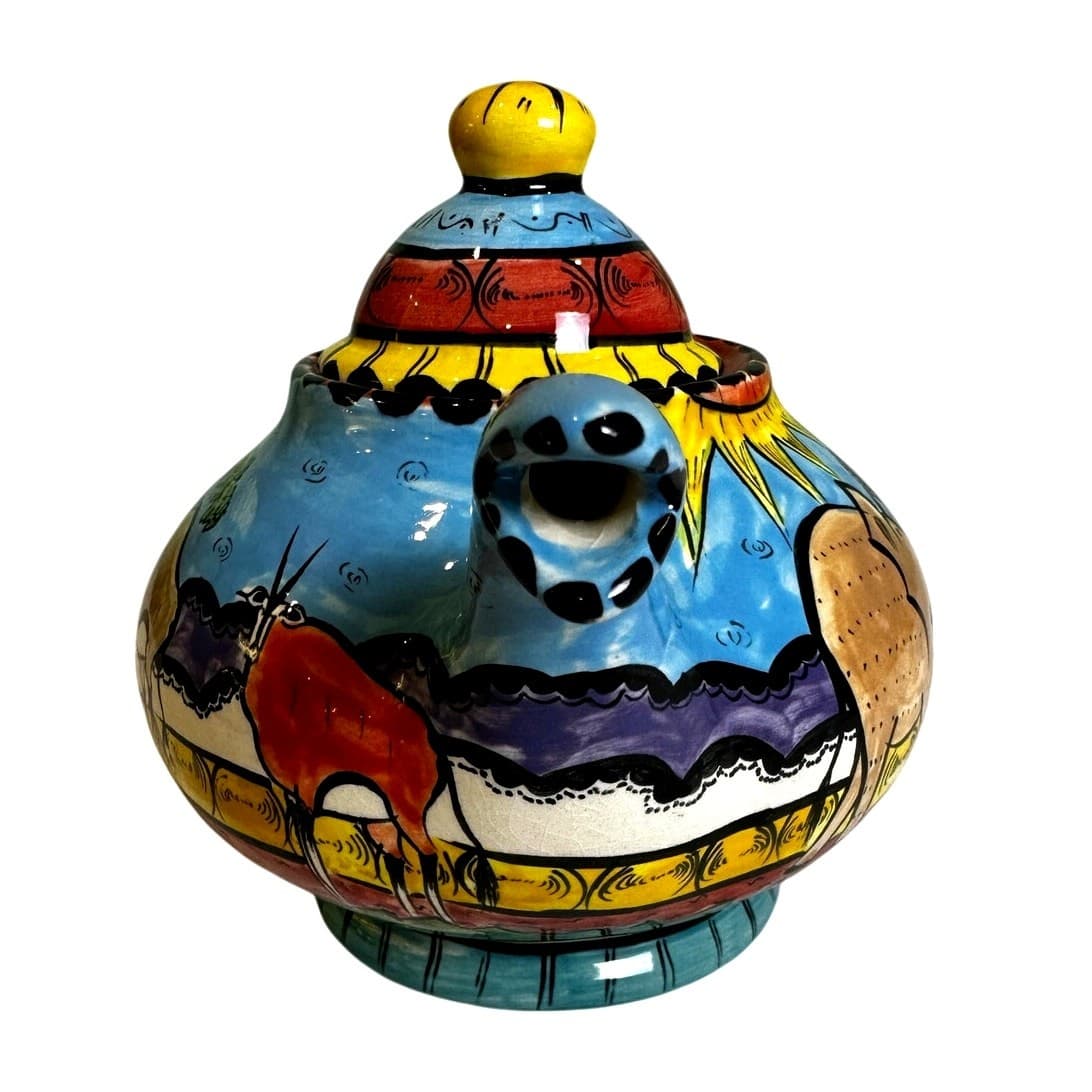 Penzo Zimbabwe Vintage Signed Hand Painted Elephants Giraffe Gemsbock Teapot - Thumbnail 8