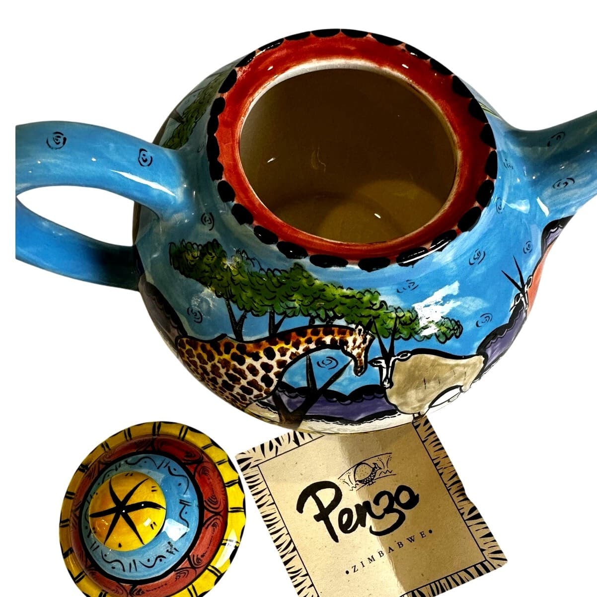 Penzo Zimbabwe Vintage Signed Hand Painted Elephants Giraffe Gemsbock Teapot - Thumbnail 4