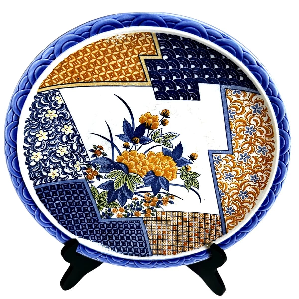 Japanese Arita Imari Vintage Blue White Rust Art Pottery Charger Cabinet Plate - Thumbnail 3