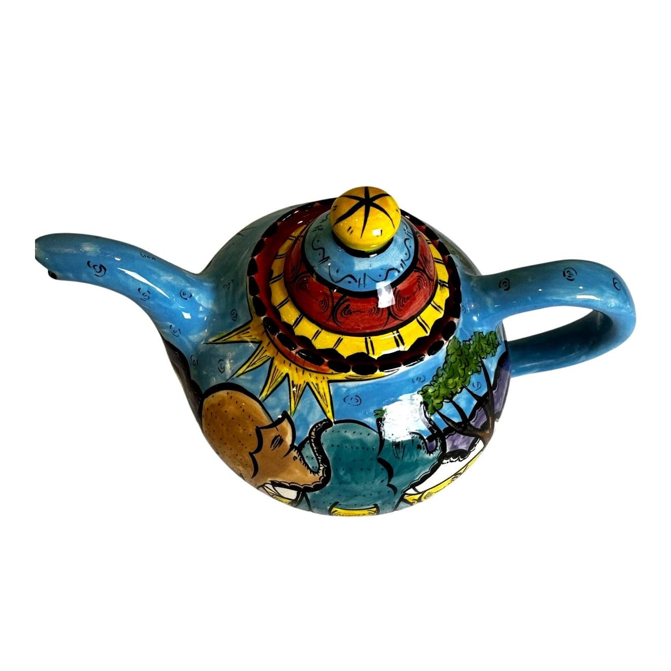 Penzo Zimbabwe Vintage Signed Hand Painted Elephants Giraffe Gemsbock Teapot - Thumbnail 5