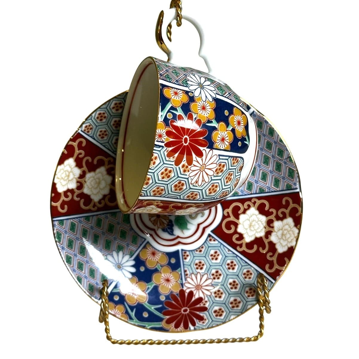 Arita Imari Fan Vintage Cup and Saucer Set Gilded Accents Urn Flowers Design - Thumbnail 4