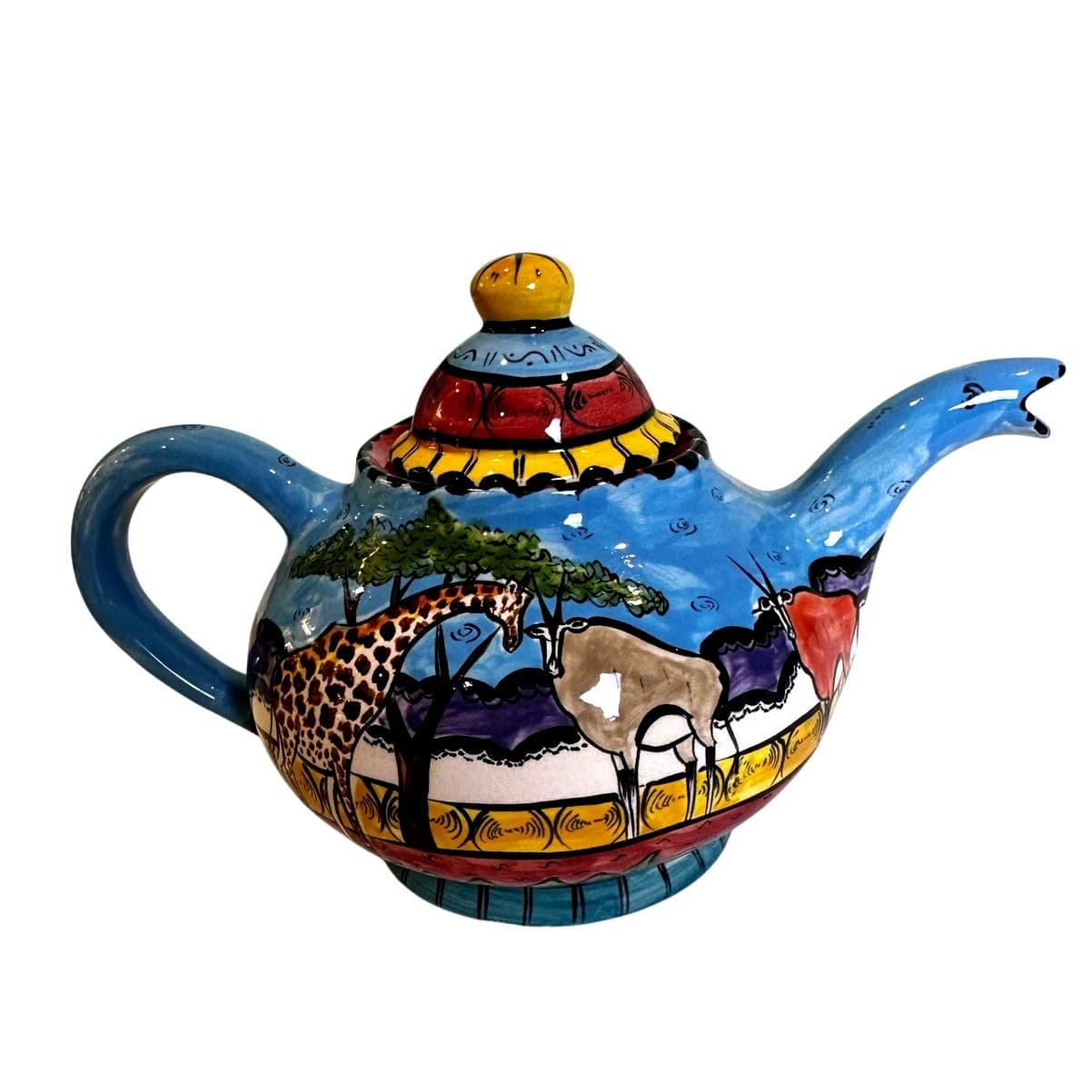 Penzo Zimbabwe Vintage Signed Hand Painted Elephants Giraffe Gemsbock Teapot - Thumbnail 7