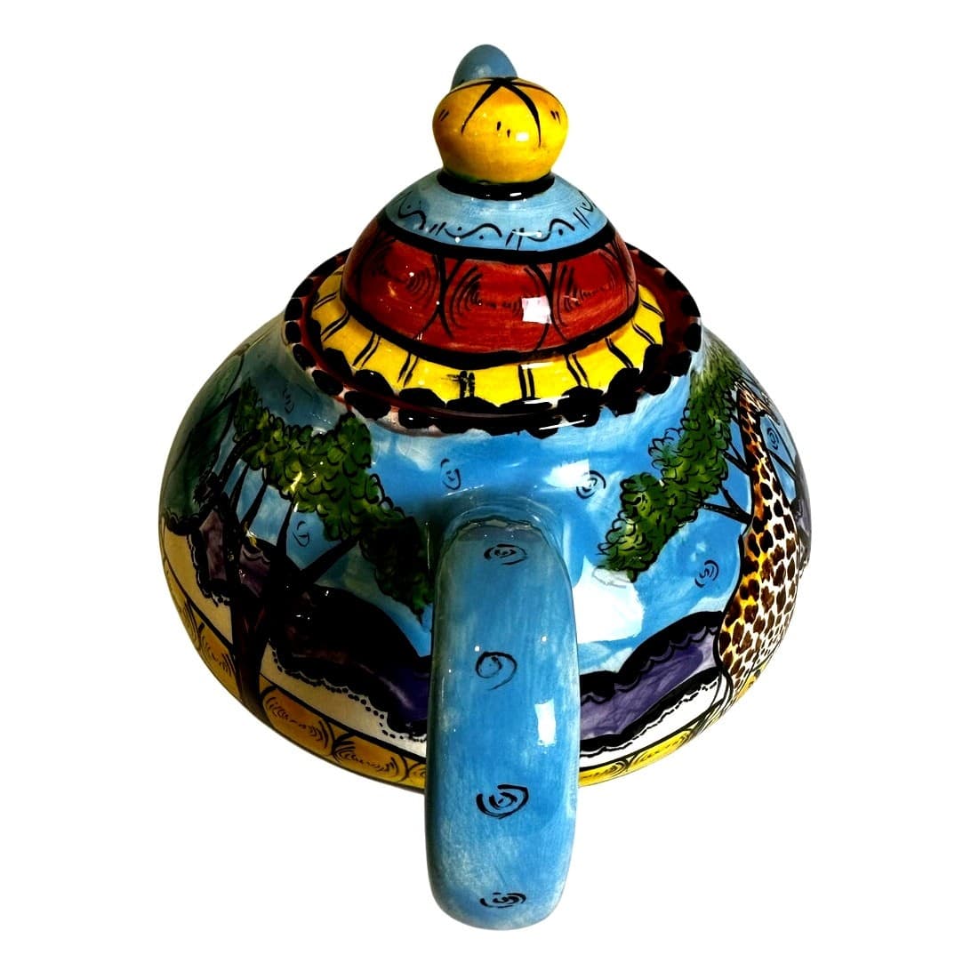 Penzo Zimbabwe Vintage Signed Hand Painted Elephants Giraffe Gemsbock Teapot - Thumbnail 6