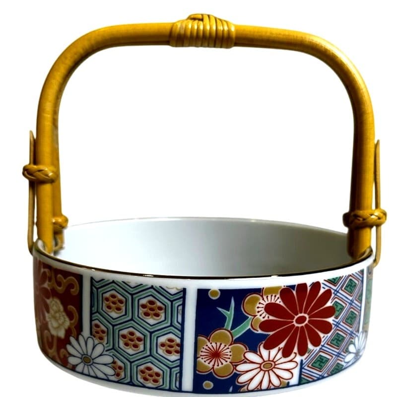 Arita Imari Fan Gilded Edge Candy Dish Japan Urn Flowers Design Bamboo Handle - Thumbnail 2