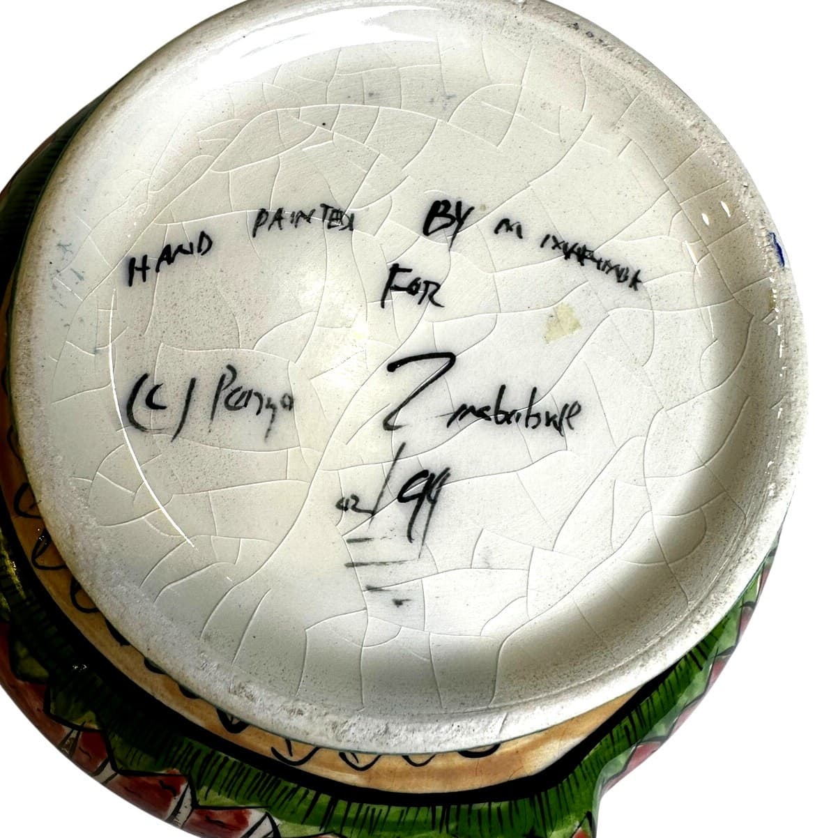 Penzo Zimbabwe Vintage Signed Hand Painted Elephants Giraffe Gemsbock Teapot - Thumbnail 11