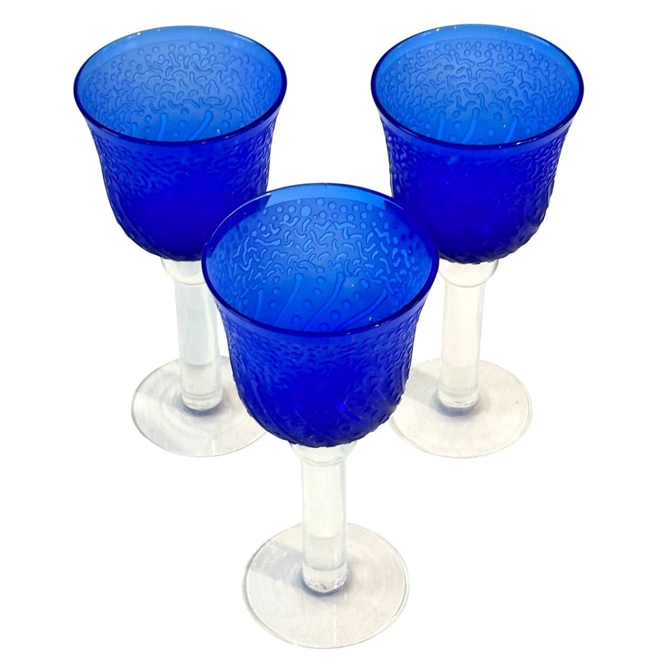 "It's A Blast" Arizona Cobalt Blue/Clear Stem Art Glass Water Wine Goblets-Set 3 - Thumbnail 2