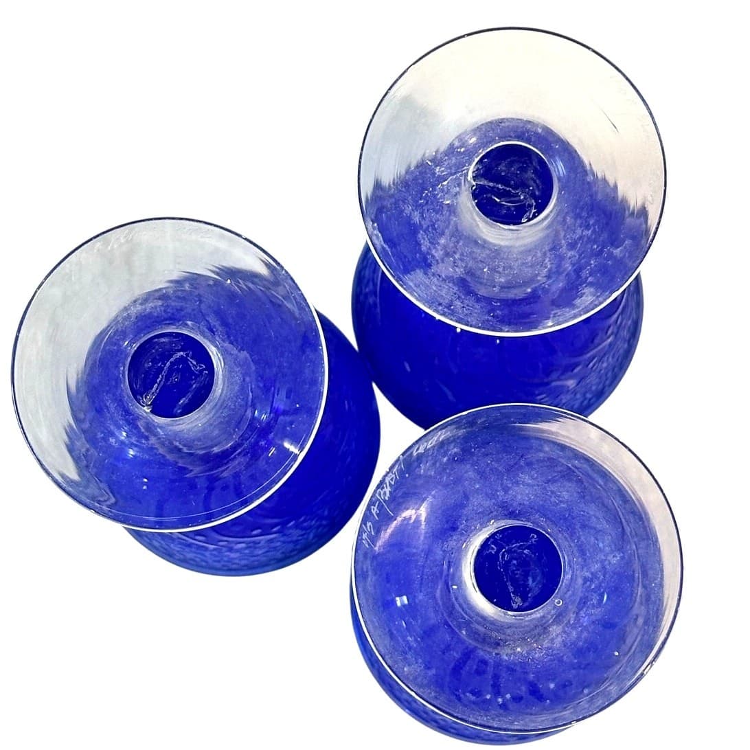 "It's A Blast" Arizona Cobalt Blue/Clear Stem Art Glass Water Wine Goblets-Set 3 - Thumbnail 7