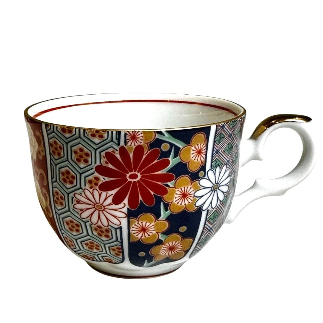 Arita Imari Fan Vintage Cup and Saucer Set Gilded Accents Urn Flowers Design - Thumbnail 5