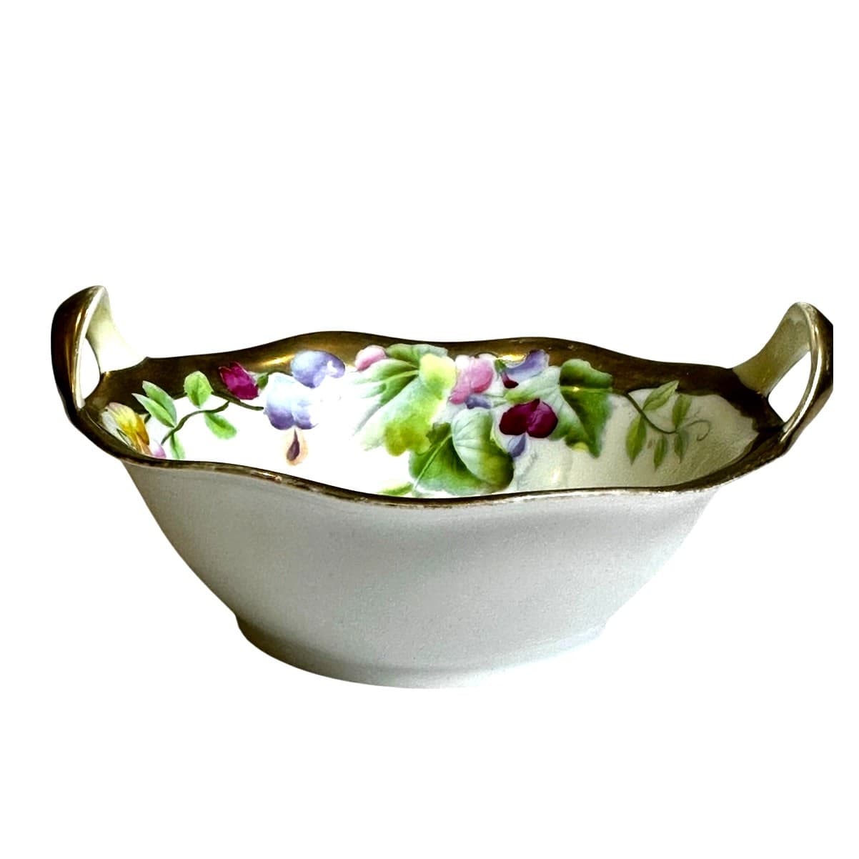 PT Bavarian Porcelain Vintage Hand Painted 7" Serving Bowl Sweet Peas Gold Trim - Thumbnail 4