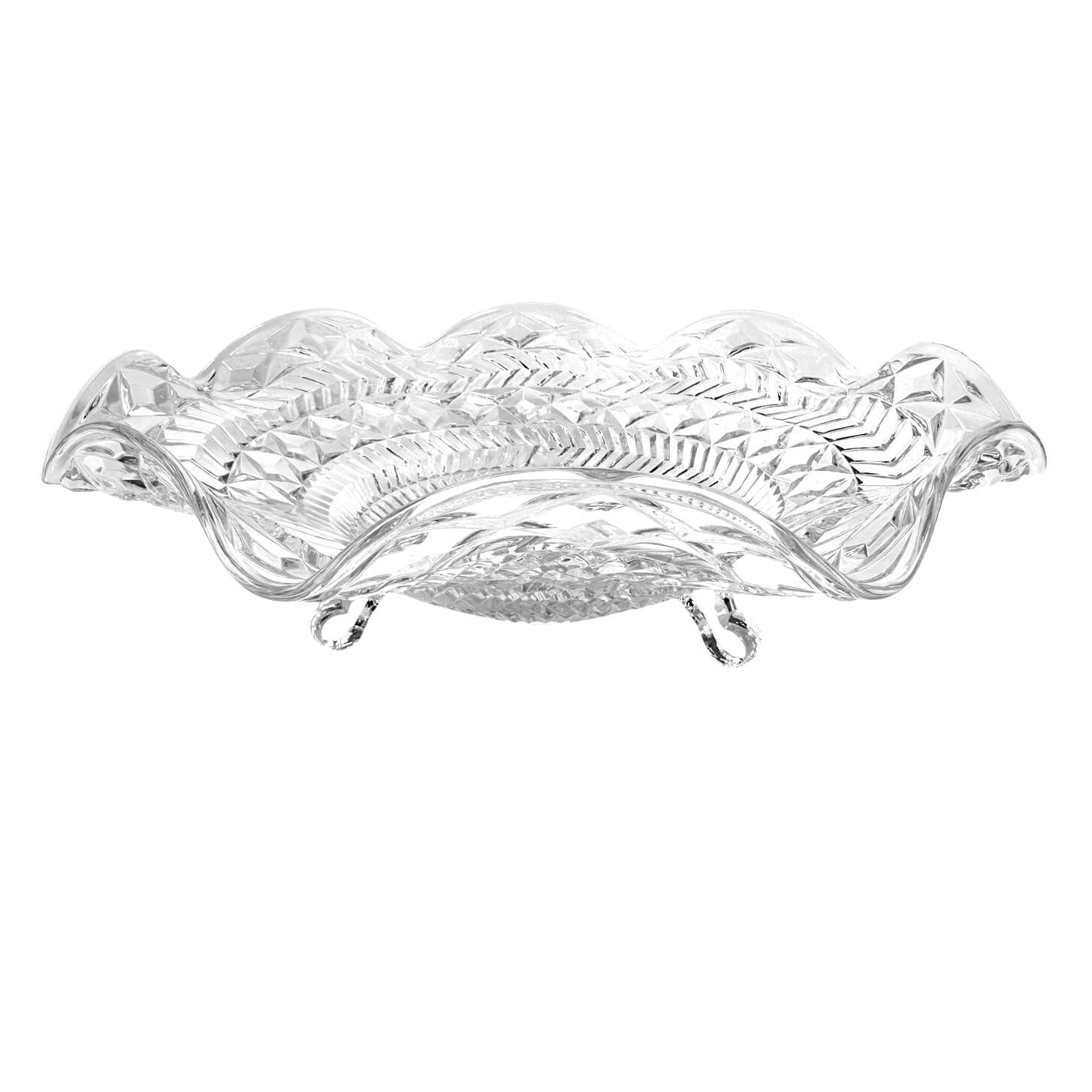 Footed Glass Vintage Centerpiece 12.75" Ruffled Top Bowl in Diamond Pattern - Thumbnail 2