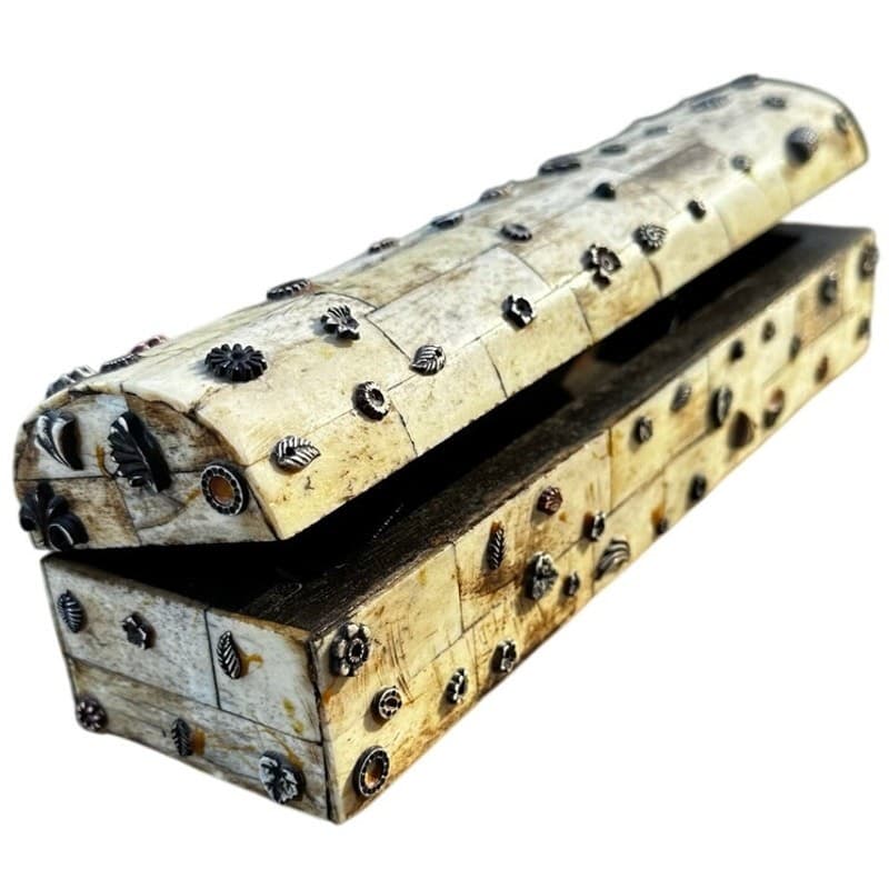 Rare Bone Tile Vintage Metal Embellishments 9 x 3 Artisan Trinket Box India - Thumbnail 3