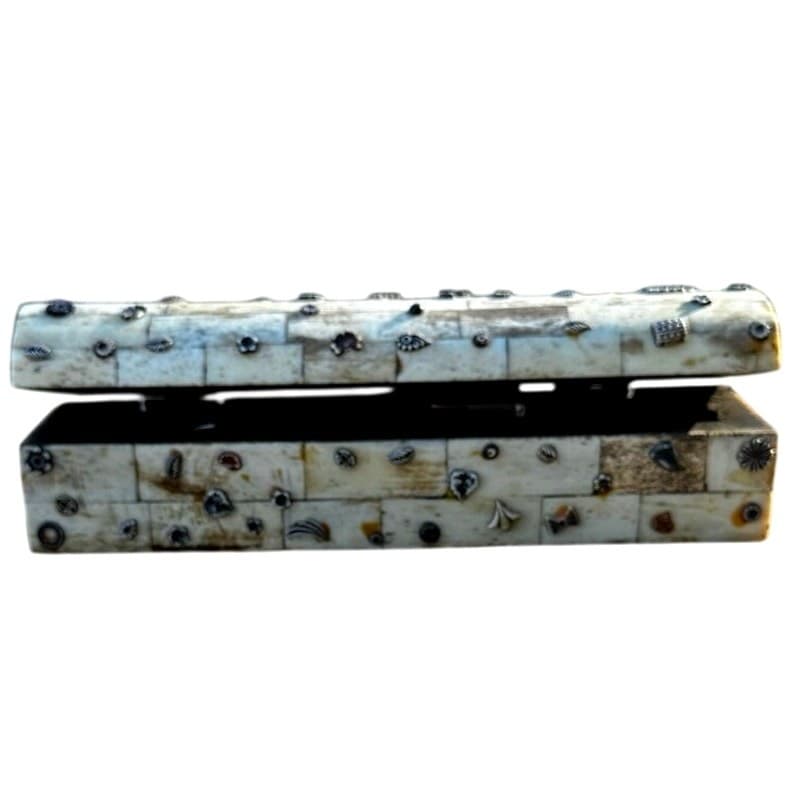 Rare Bone Tile Vintage Metal Embellishments 9 x 3 Artisan Trinket Box India - Thumbnail 10