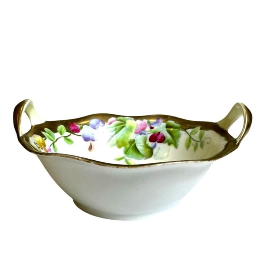 PT Bavarian Porcelain Vintage Hand Painted 7" Serving Bowl Sweet Peas Gold Trim - Thumbnail 2