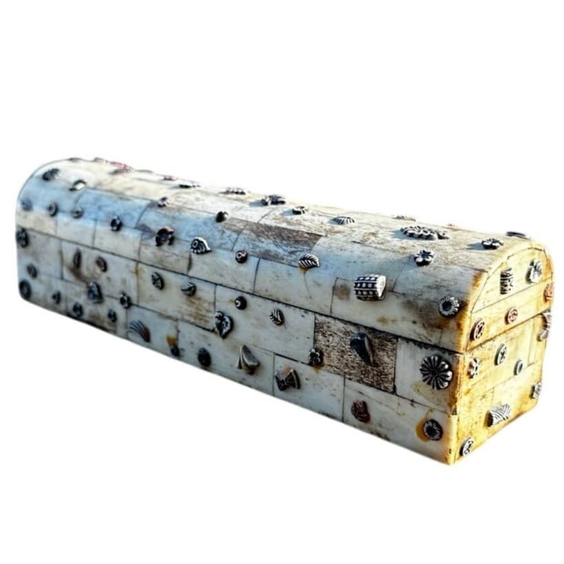 Rare Bone Tile Vintage Metal Embellishments 9 x 3 Artisan Trinket Box India - Thumbnail 4