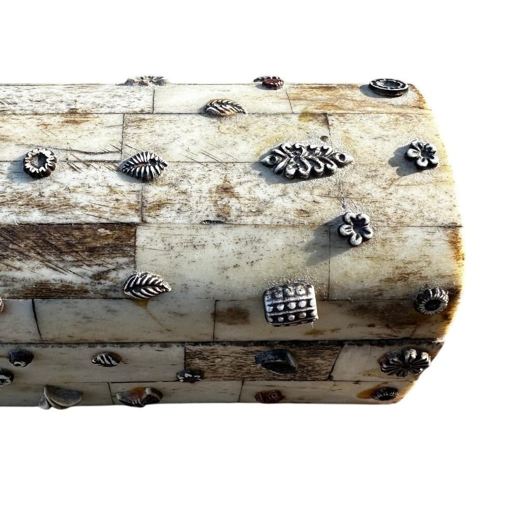 Rare Bone Tile Vintage Metal Embellishments 9 x 3 Artisan Trinket Box India - Thumbnail 5