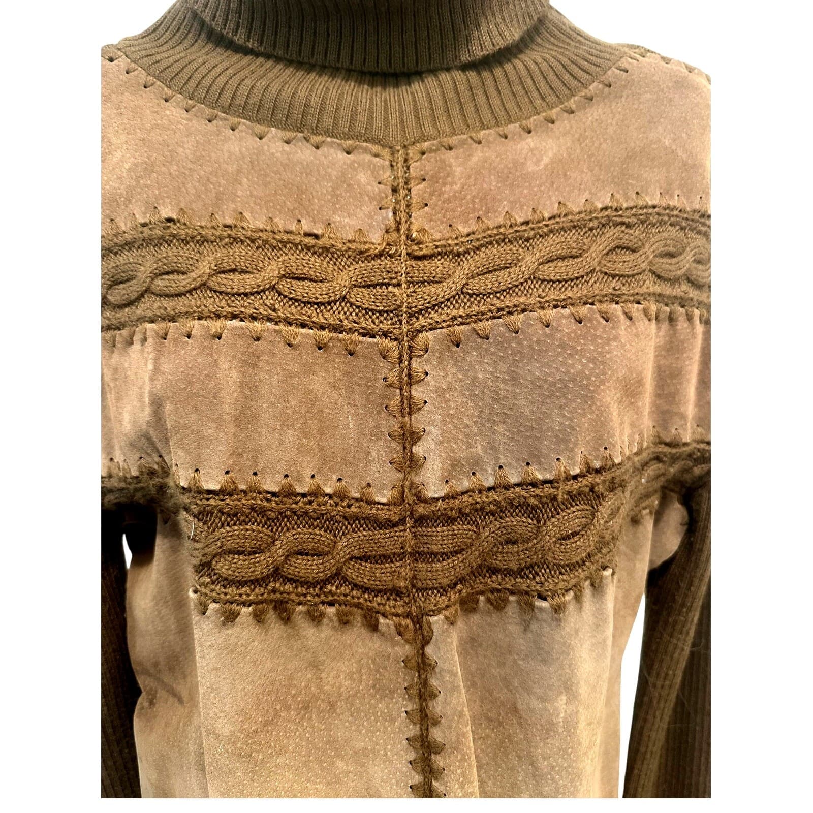 'High Point' Brown Knit and Suede Accent Panel Turtleneck Sweater Women's Large - Thumbnail 4