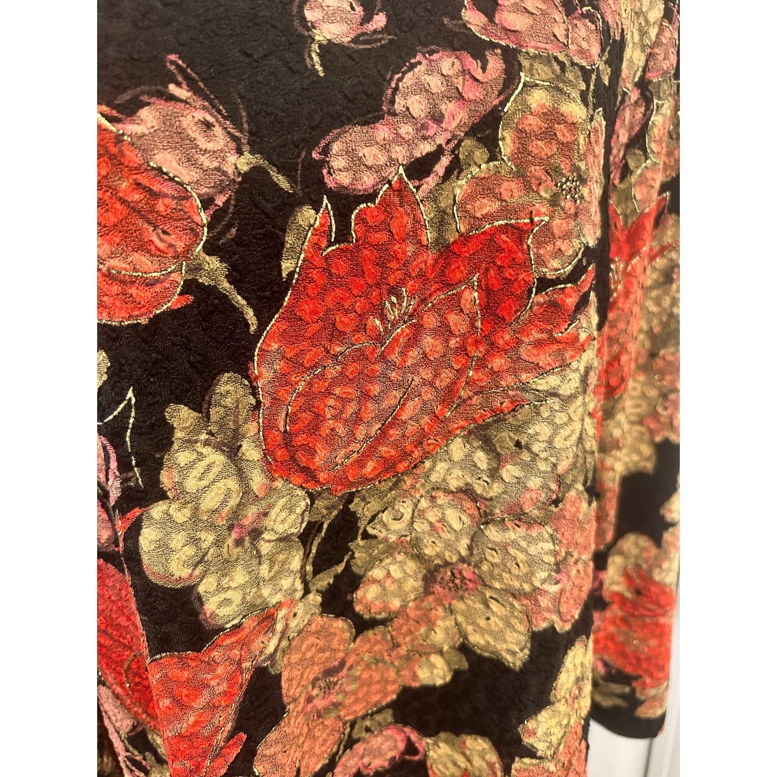 Mirasol Black Stretch Boho Vintage Bright Red Gold Accented Floral Design-Large - Thumbnail 7