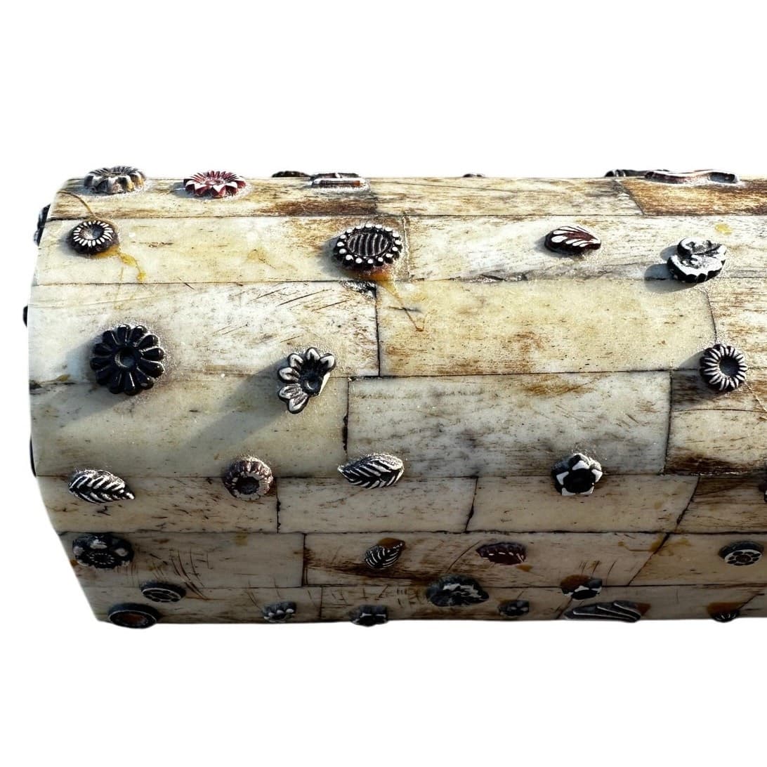 Rare Bone Tile Vintage Metal Embellishments 9 x 3 Artisan Trinket Box India - Thumbnail 7