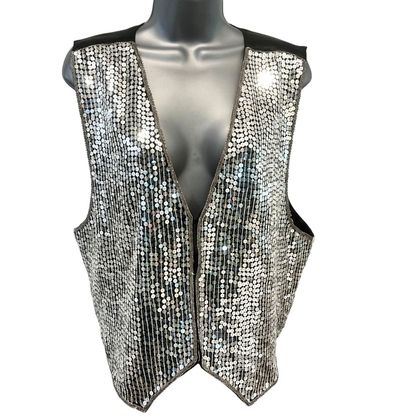 'AJ' India Vintage Silver Sequin/Black Silk Rayon Vest Women's Size Large