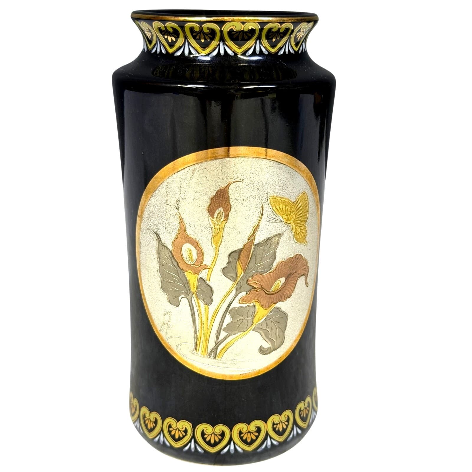 Japanese 'Art of Chokin' Porcelain Vase Engraved 24k Gold Silver Calla Lillies