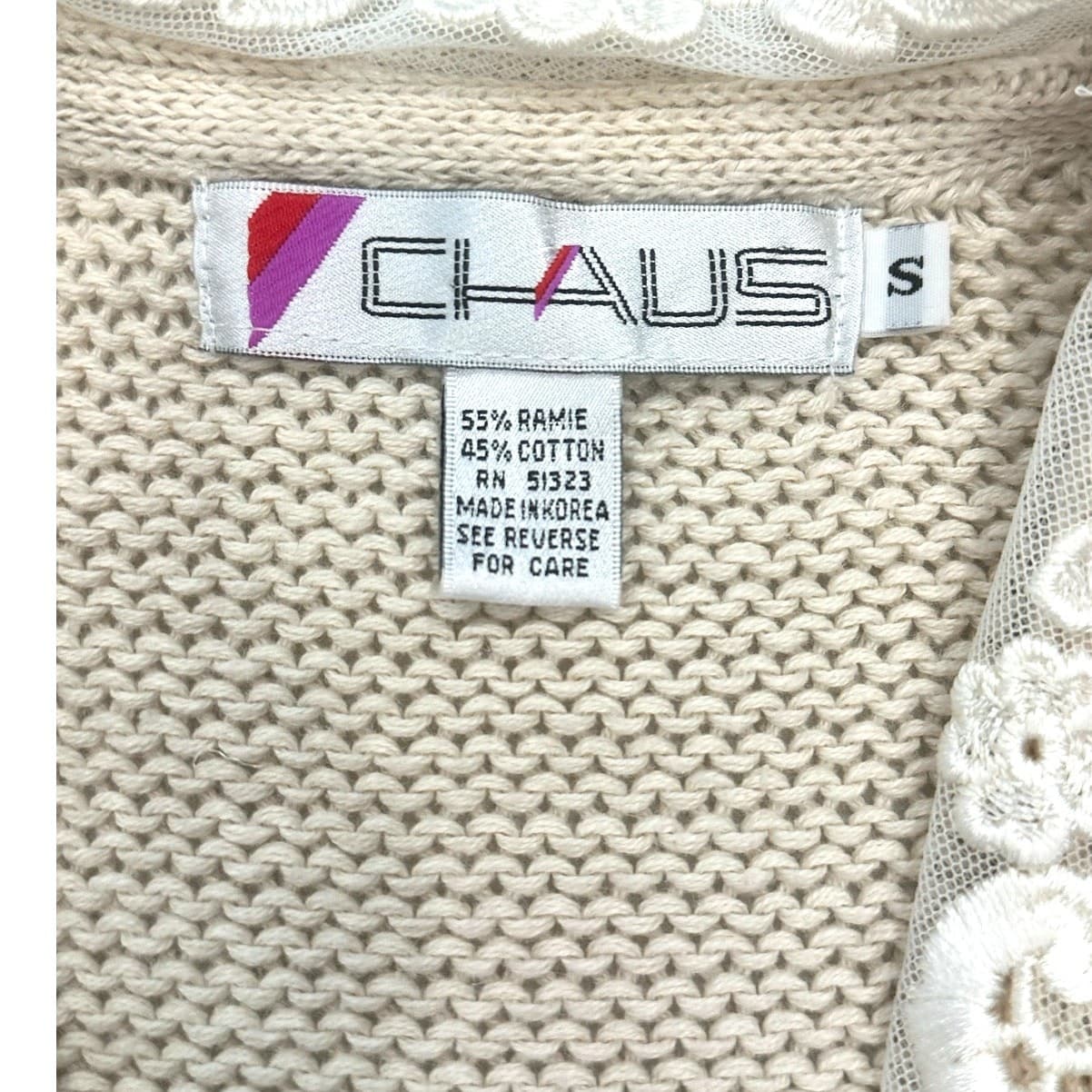 Chaus Vintage Ivory Cream Cardigan Sweater with Embroidered Floral Collar-Small - Thumbnail 8