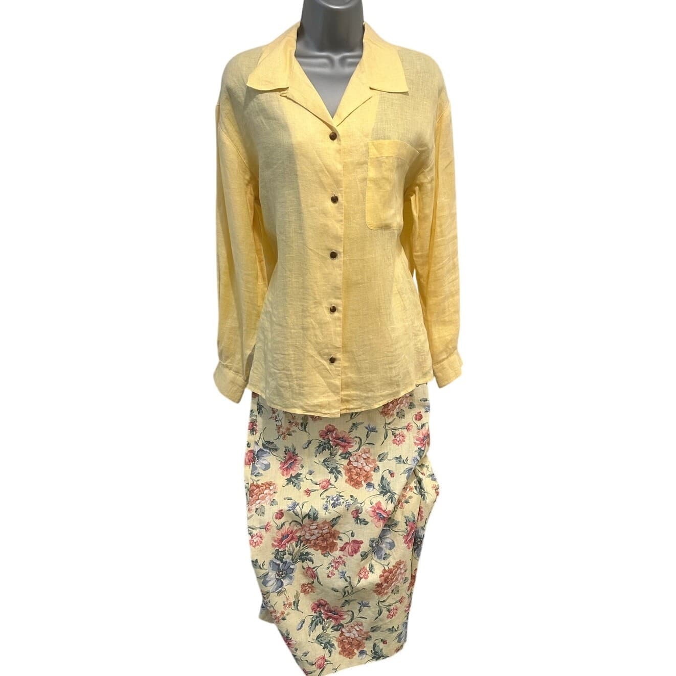 Carroll Reed/Bushwacker USA Vintage Linen Soft Yellow Floral Skirt Blouse Vest-8 - Thumbnail 11