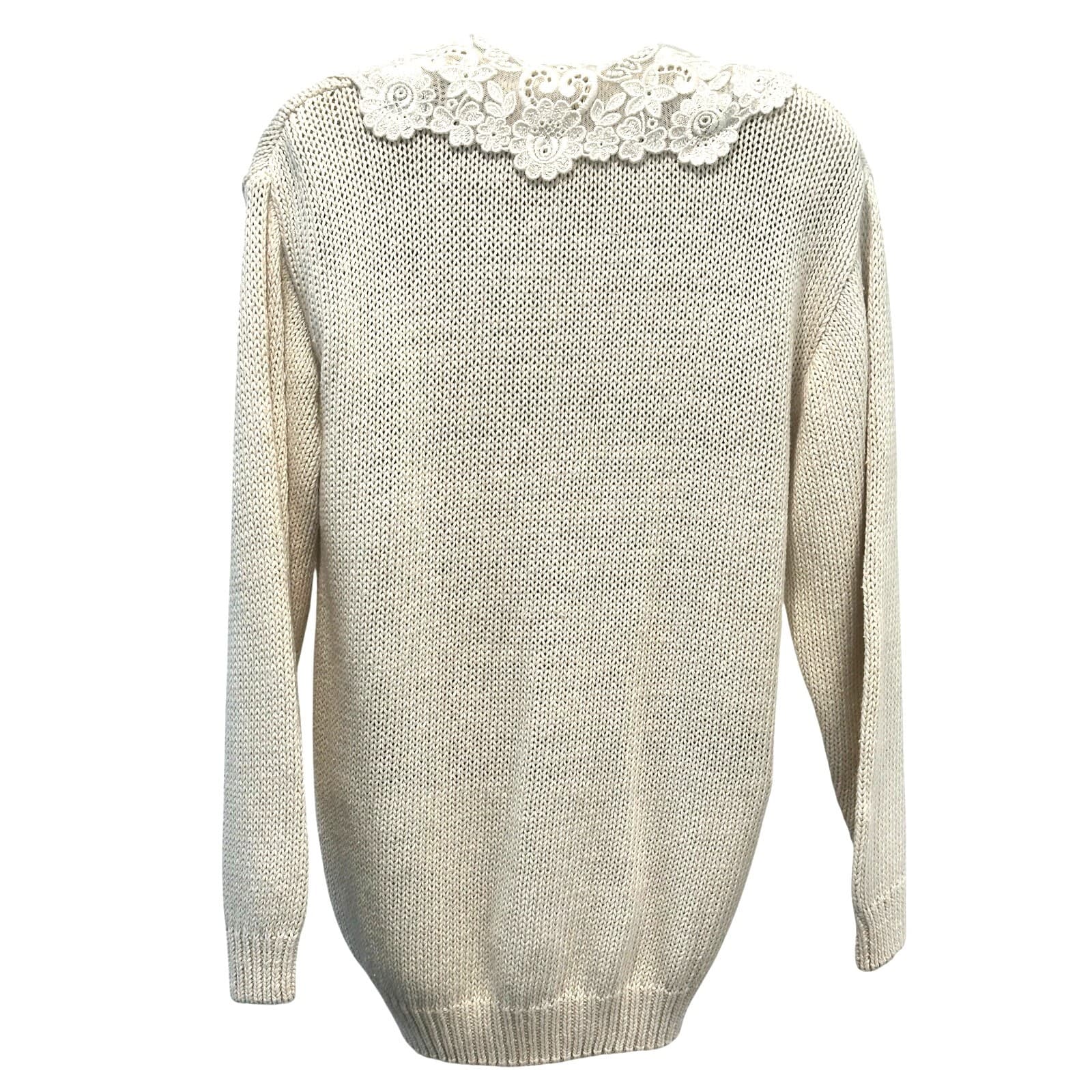 Chaus Vintage Ivory Cream Cardigan Sweater with Embroidered Floral Collar-Small - Thumbnail 5