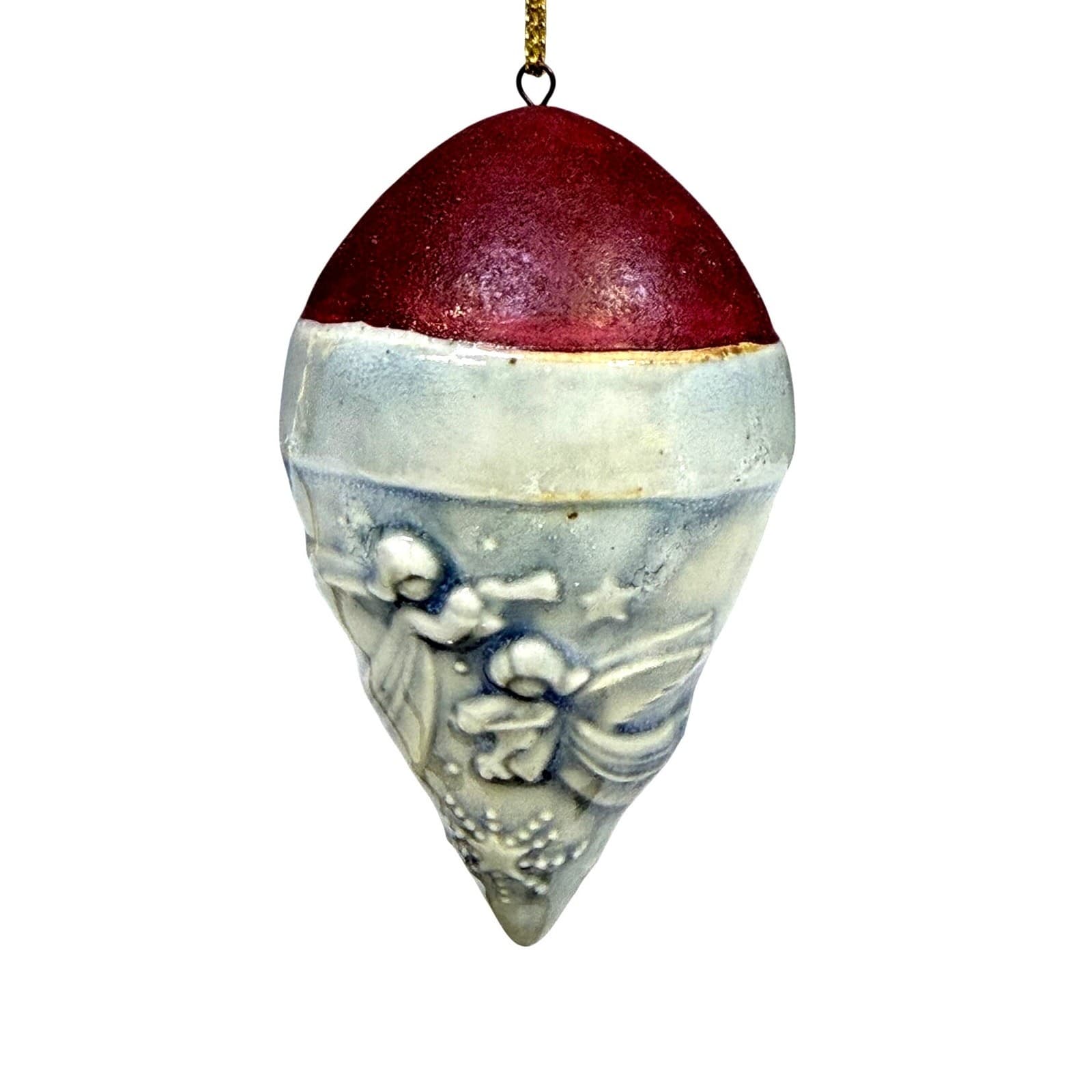 Hand Painted Ceramic Pottery Angel Embellished Teardrop Christmas Ornament - Thumbnail 4